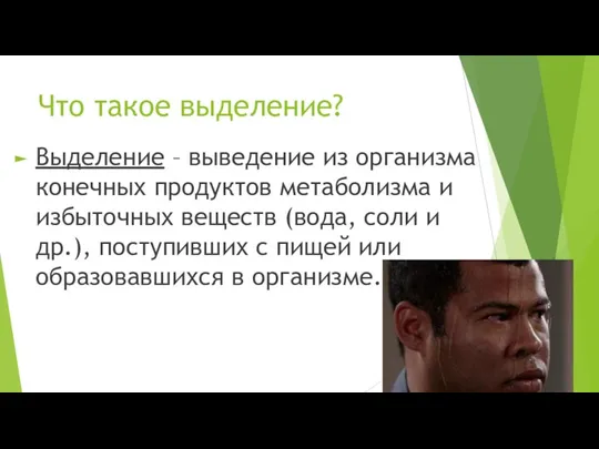 Что такое выделение? Выделение – выведение из организма конечных продуктов метаболизма и