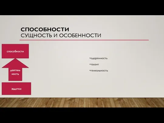 СПОСОБНОСТИ СУЩНОСТЬ И ОСОБЕННОСТИ одаренность талант гениальность задатки способности деятельность