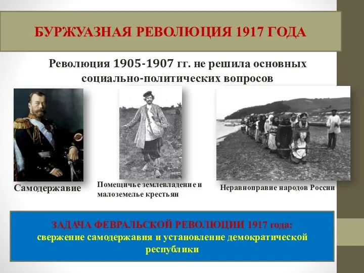 Революция 1905-1907 гг. не решила основных социально-политических вопросов Самодержавие Помещичье землевладение и