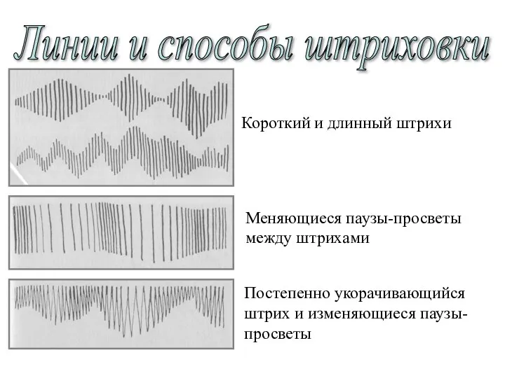 Короткий и длинный штрихи Меняющиеся паузы-просветы между штрихами Постепенно укорачивающийся штрих и