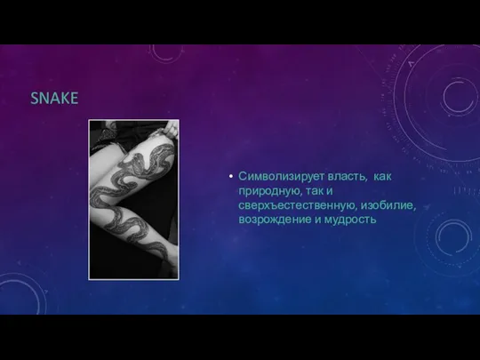 SNAKE Символизирует власть, как природную, так и сверхъестественную, изобилие, возрождение и мудрость