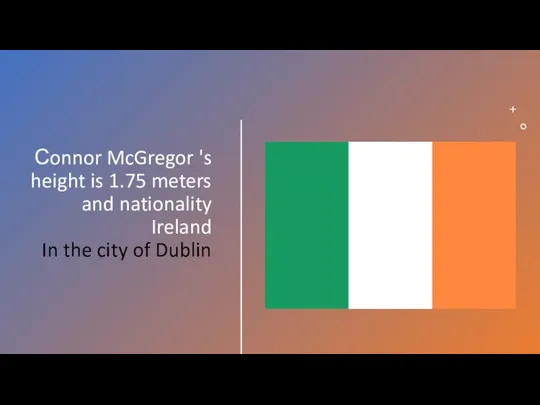 Сonnor McGregor 's height is 1.75 meters and nationality Ireland In the city of Dublin