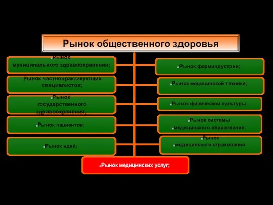 Рынок общественного здоровья Рынок фарминдустрии; Рынок физической культуры; Рынок системы медицинского образования;