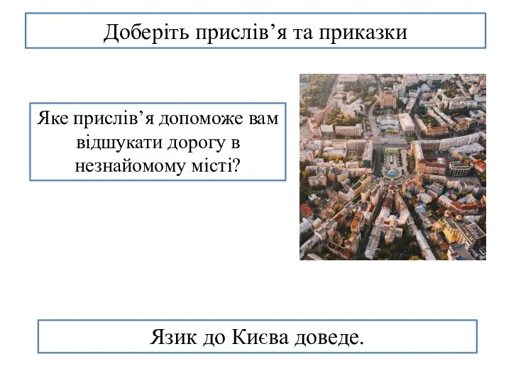 Яке прислів’я допоможе вам відшукати дорогу в незнайомому місті? Доберіть прислів’я та