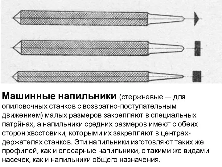 Машинные напильники (стержневые — для опиловочных станков с возвратно-поступательным движением) малых размеров