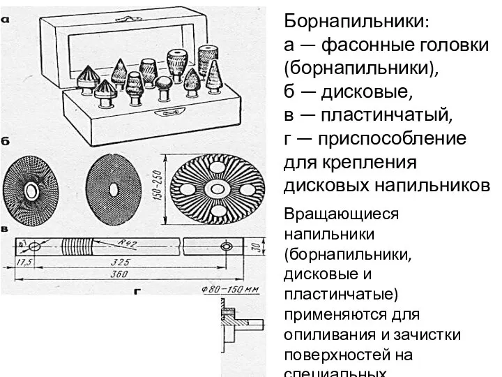 Борнапильники: а — фасонные головки (борнапильники), б — дисковые, в — пластинчатый,