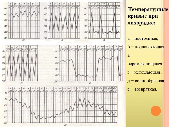 Температурные кривые при лихорадке: а − постоянная; б − послабляющая; в −