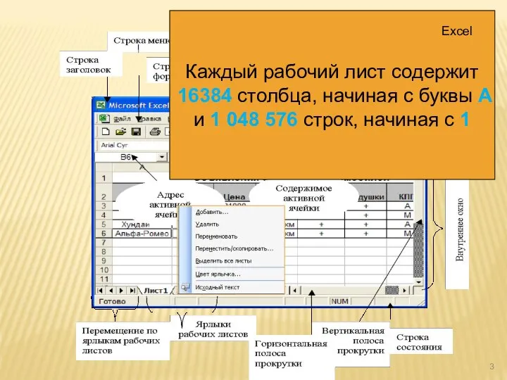 Каждый рабочий лист содержит 16384 столбца, начиная с буквы A и 1