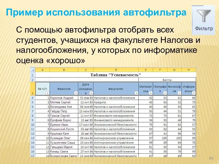 Пример использования автофильтра С помощью автофильтра отобрать всех студентов, учащихся на факультете