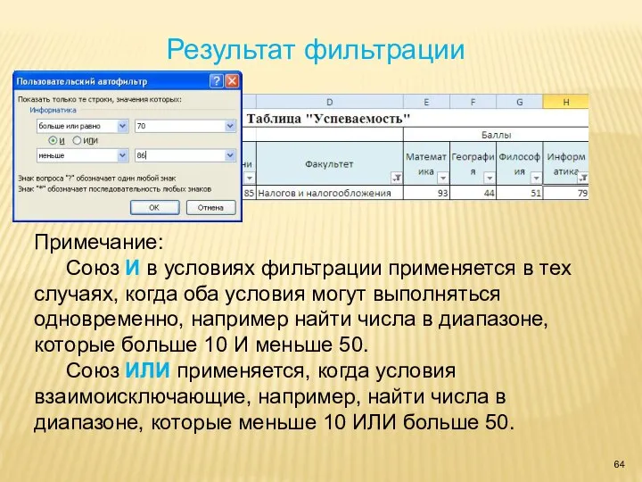 Результат фильтрации Примечание: Союз И в условиях фильтрации применяется в тех случаях,