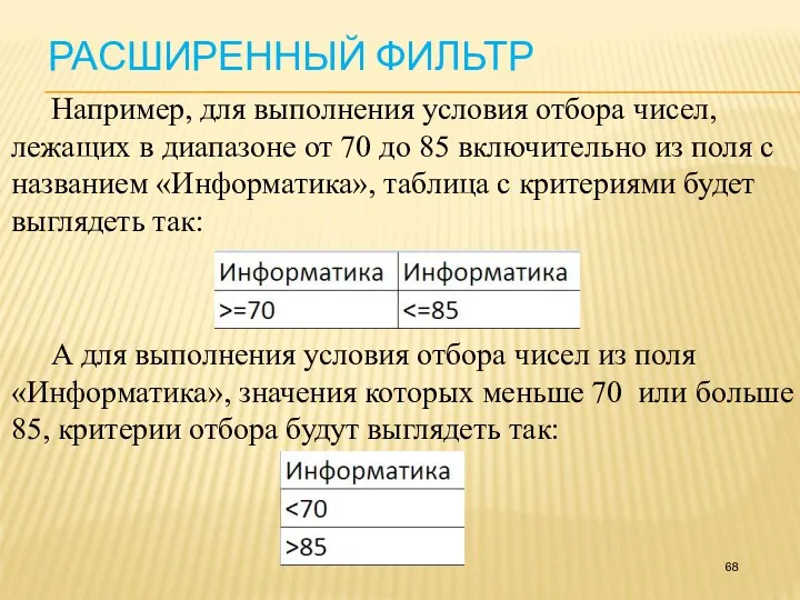 РАСШИРЕННЫЙ ФИЛЬТР Например, для выполнения условия отбора чисел, лежащих в диапазоне от