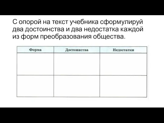 С опорой на текст учебника сформулируй два достоинства и два недостатка каждой из форм преобразования общества.