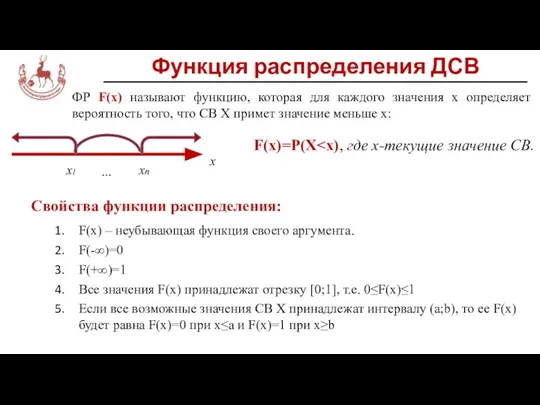 Функция распределения ДСВ ФР F(x) называют функцию, которая для каждого значения x