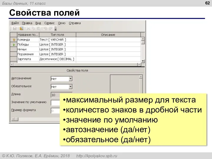 Свойства полей максимальный размер для текста количество знаков в дробной части значение