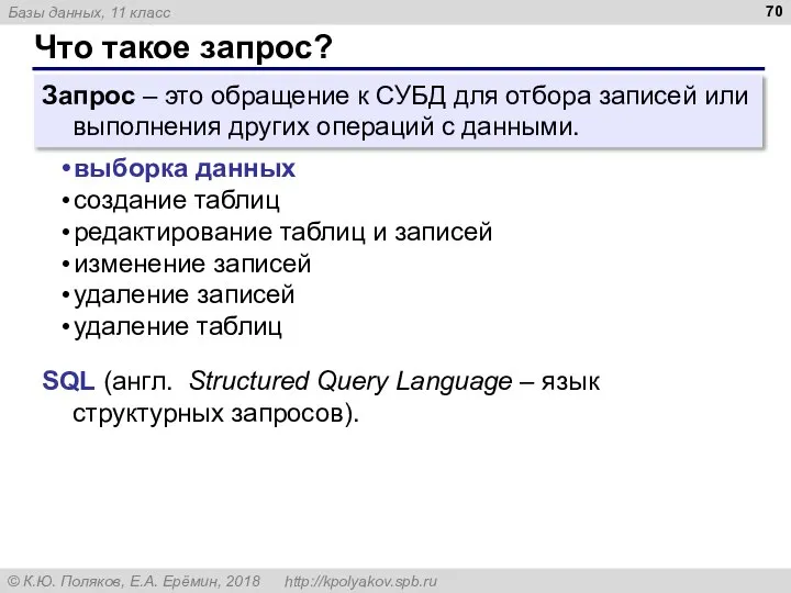 Что такое запрос? Запрос – это обращение к СУБД для отбора записей