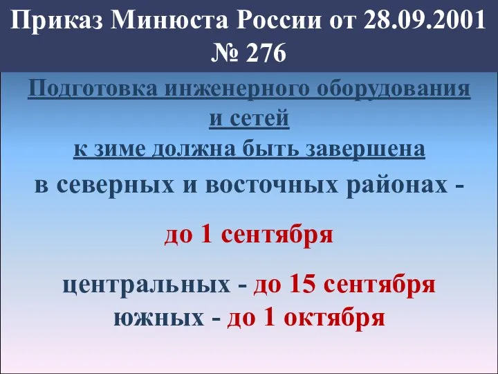 Приказ Минюста России от 28.09.2001 № 276 Подготовка инженерного оборудования и сетей