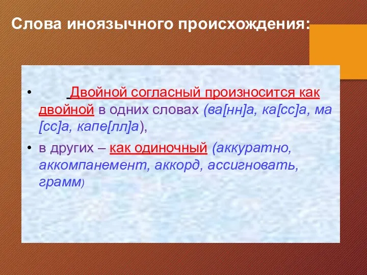 Слова иноязычного происхождения: Двойной согласный произносится как двойной в одних словах (ва[нн]а,