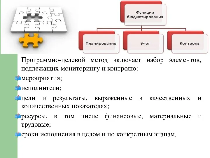 Программно-целевой метод включает набор элементов, подлежащих мониторингу и контролю: мероприятия; исполнители; цели