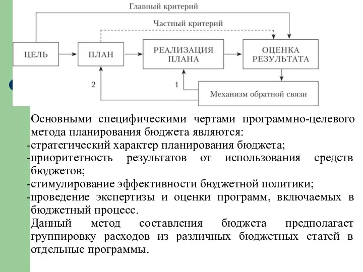 Основными специфическими чертами программно-целевого метода планирования бюджета являются: стратегический характер планирования бюджета;