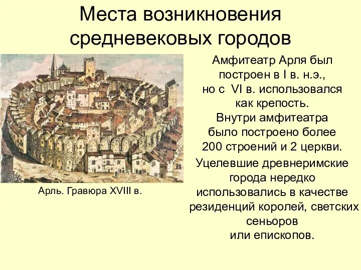 Места возникновения средневековых городов Амфитеатр Арля был построен в I в. н.э.,
