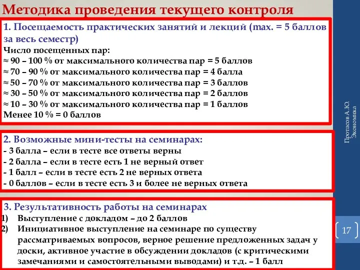 Протасов А.Ю. Экономика Методика проведения текущего контроля успеваемости 1. Посещаемость практических занятий