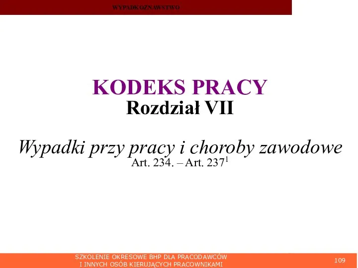 SZKOLENIE OKRESOWE BHP DLA PRACODAWCÓW I INNYCH OSÓB KIERUJĄCYCH PRACOWNIKAMI WYPADKOZNAWSTWO KODEKS