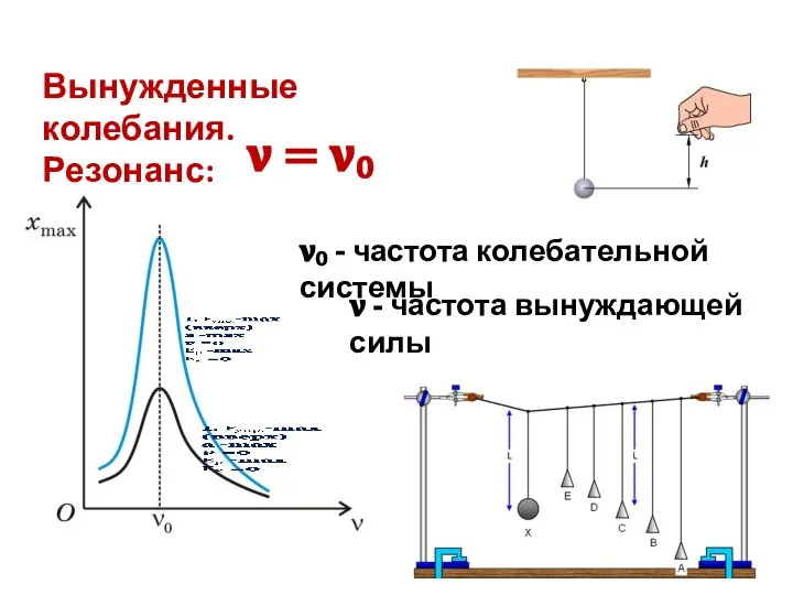 Вынужденные колебания. Резонанс: ?₀ - частота колебательной системы ? - частота вынуждающей силы ? = ?₀