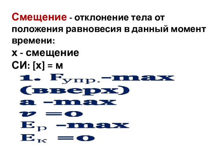 Смещение - отклонение тела от положения равновесия в данный момент времени: х