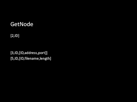 GetNode [2,ID] [3,ID,[ID,address,port]] [5,ID,[ID,filename,length]
