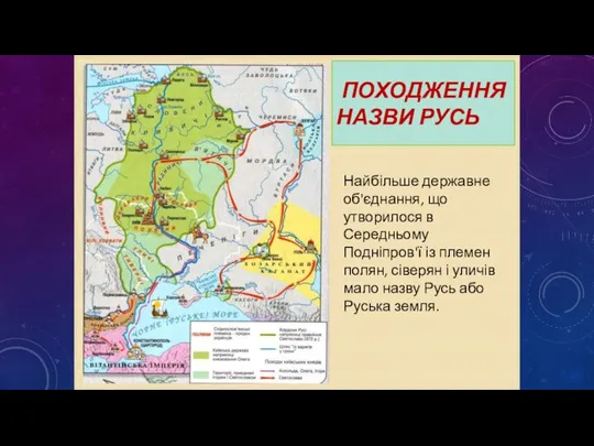 ПОХОДЖЕННЯ НАЗВИ РУСЬ Найбільше державне об'єднання, що утворилося в Середньому Подніпров'ї із