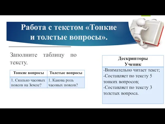 Работа с текстом «Тонкие и толстые вопросы». Заполните таблицу по тексту.