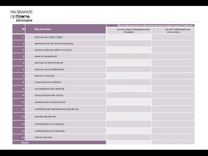 План по расходам НАЗВАНИЕ ПРОЕКТА