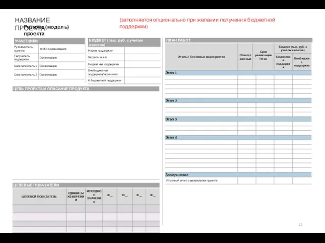(заполняется опционально при желании получения бюджетной поддержки) НАЗВАНИЕ ПРОЕКТА Резюме (модель) проекта