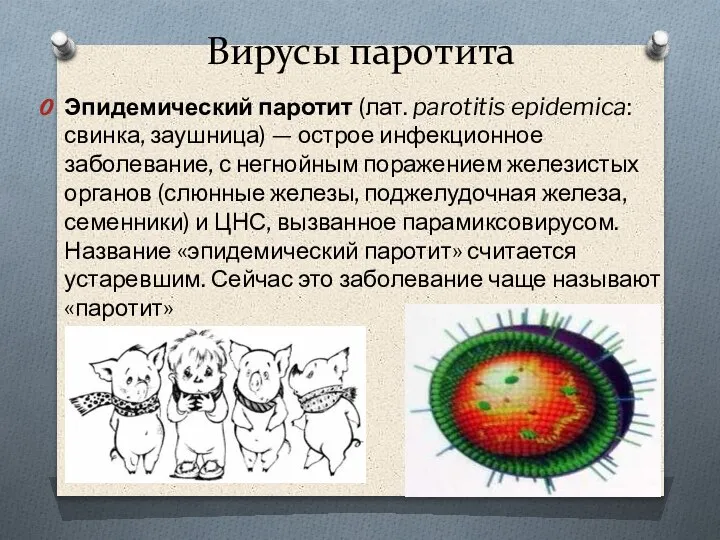 Вирусы паротита Эпидемический паротит (лат. parotitis epidemica: свинка, заушница) — острое инфекционное
