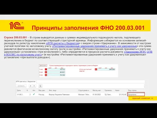 Принципы заполнения ФНО 200.03.001 Строка 200.03.001 – В строке выводятся данные о