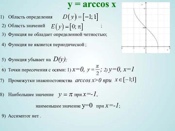 y = arccos x Область определения ; , 2) Область значений ;