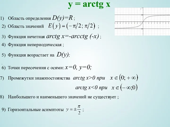 y = arctg x Область определения D(y)=R ; , 2) Область значений
