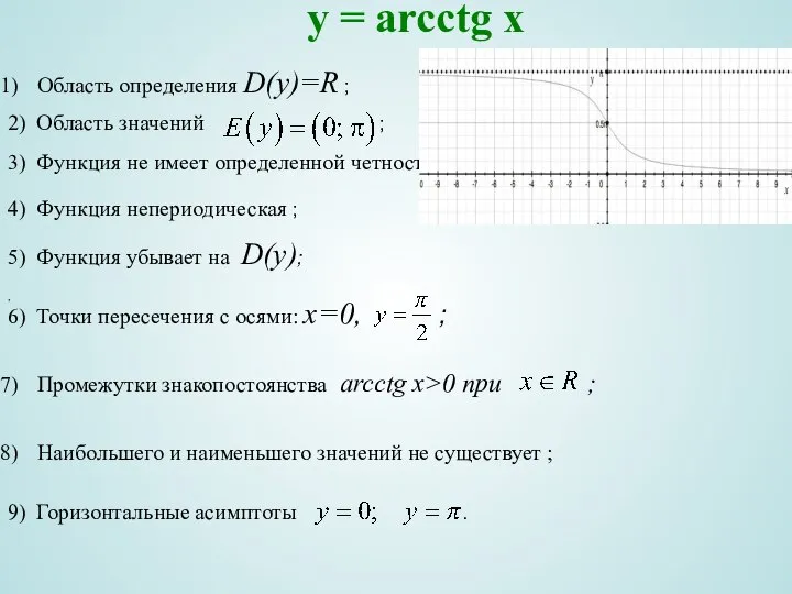 y = arcсtg x Область определения D(y)=R ; , 2) Область значений