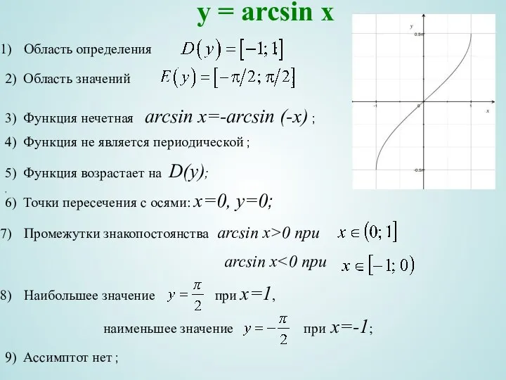 y = arcsin x Область определения ; , 2) Область значений ;