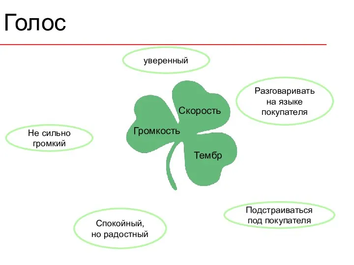 Голос уверенный Не сильно громкий Спокойный, но радостный Разговаривать на языке покупателя