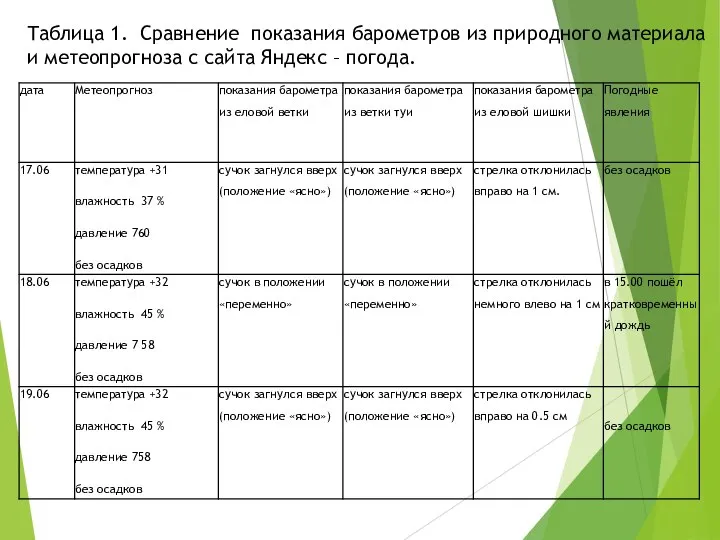 Таблица 1. Сравнение показания барометров из природного материала и метеопрогноза с сайта Яндекс – погода.