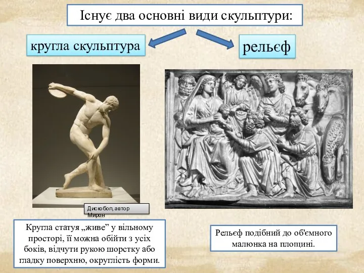 Існує два основні види скульптури: Дискобол, автор Мирон Кругла статуя „живе” у