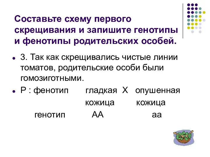 Составьте схему первого скрещивания и запишите генотипы и фенотипы родительских особей. 3.