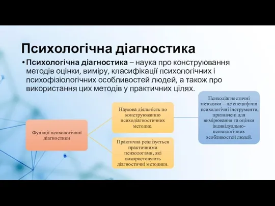 Психологічна діагностика Психологічна діагностика – наука про конструювання методів оцінки, виміру, класифікації