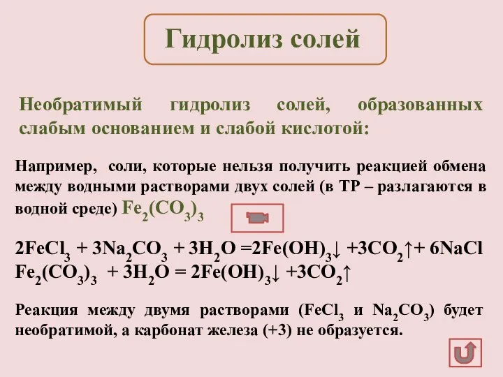 Необратимый гидролиз солей, образованных слабым основанием и слабой кислотой: Например, соли, которые