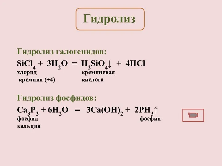 Гидролиз галогенидов: SiCl4 + 3H2O = H2SiO4↓ + 4HСl хлорид кремниевая кремния