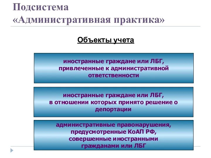 Подсистема «Административная практика» Объекты учета иностранные граждане или ЛБГ, привлеченные к административной