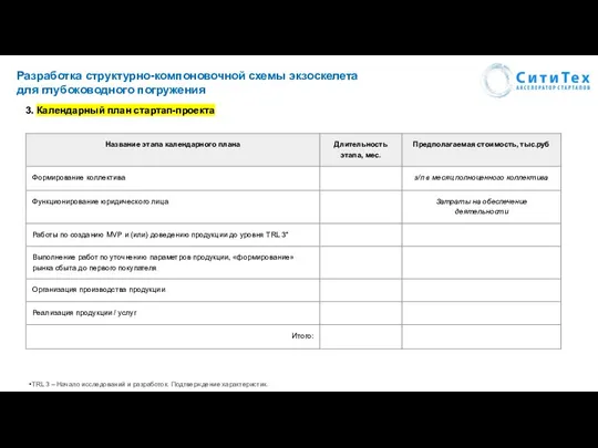 Разработка структурно-компоновочной схемы экзоскелета для глубоководного погружения 3. Календарный план стартап-проекта TRL