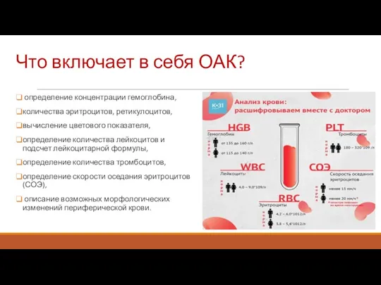 Что включает в себя ОАК? определение концентрации гемоглобина, количества эритроцитов, ретикулоцитов, вычисление