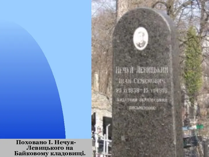 Поховано І. Нечуя-Левицького на Байковому кладовищі.